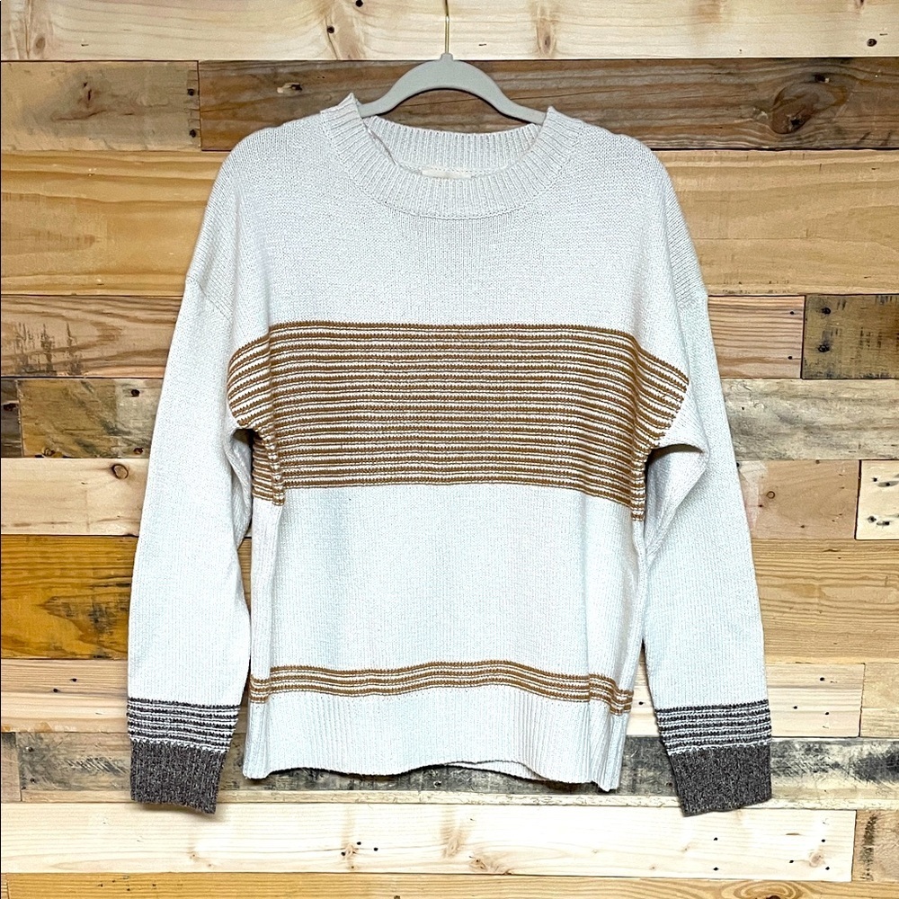Eesome size M/L Crewneck Soft Cream Knit Sweater with Tan and Brown Stripes